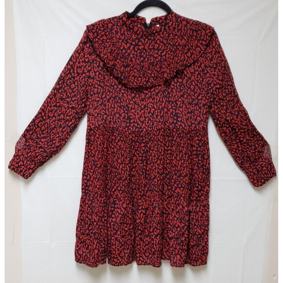 Zara Women’s Black Red Cheetah Print Flowy Long Sleeve Mini Dress S NWOT Summer - Picture 10 of 10